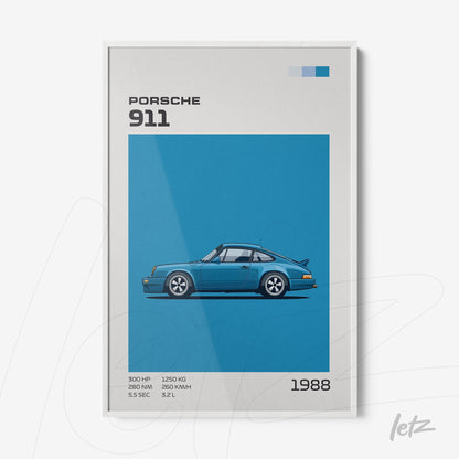 framed wall art featuring a graphic illustration of the 1988 Porsche 911 on a blue background