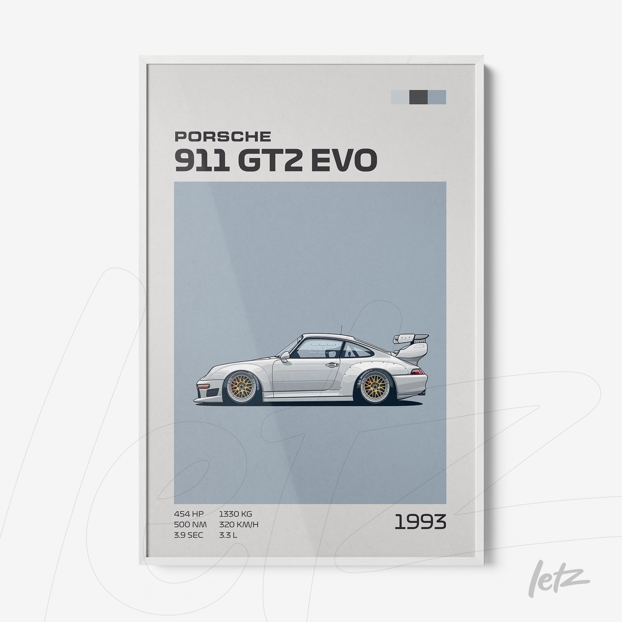 framed digital art of the 1993 Porsche 911 GT2 Evo with a white frame