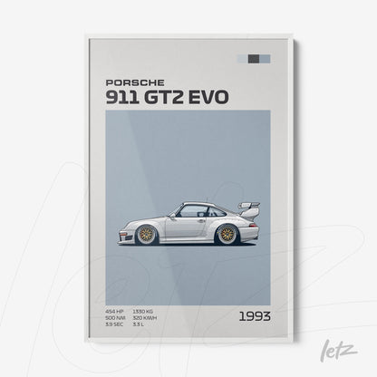 framed digital art of the 1993 Porsche 911 GT2 Evo with a white frame