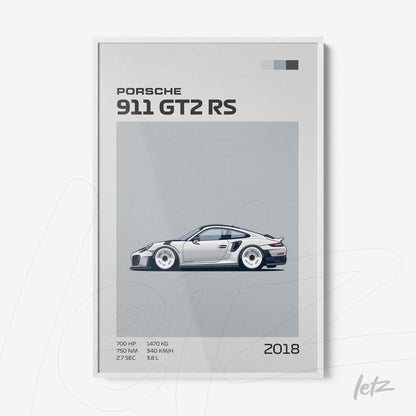 framed wall art featuring a digital illustration of Porsche 911 GT2 RS sports car in white frame
