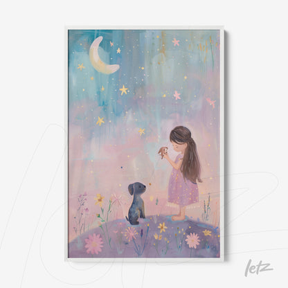 children's art featuring a girl in a pink dress with a dog under a starry sky in blue and lavender hues