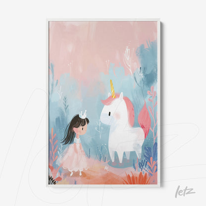 framed artwork featuring a child princess with a crown meeting a unicorn in a colorful forest setting