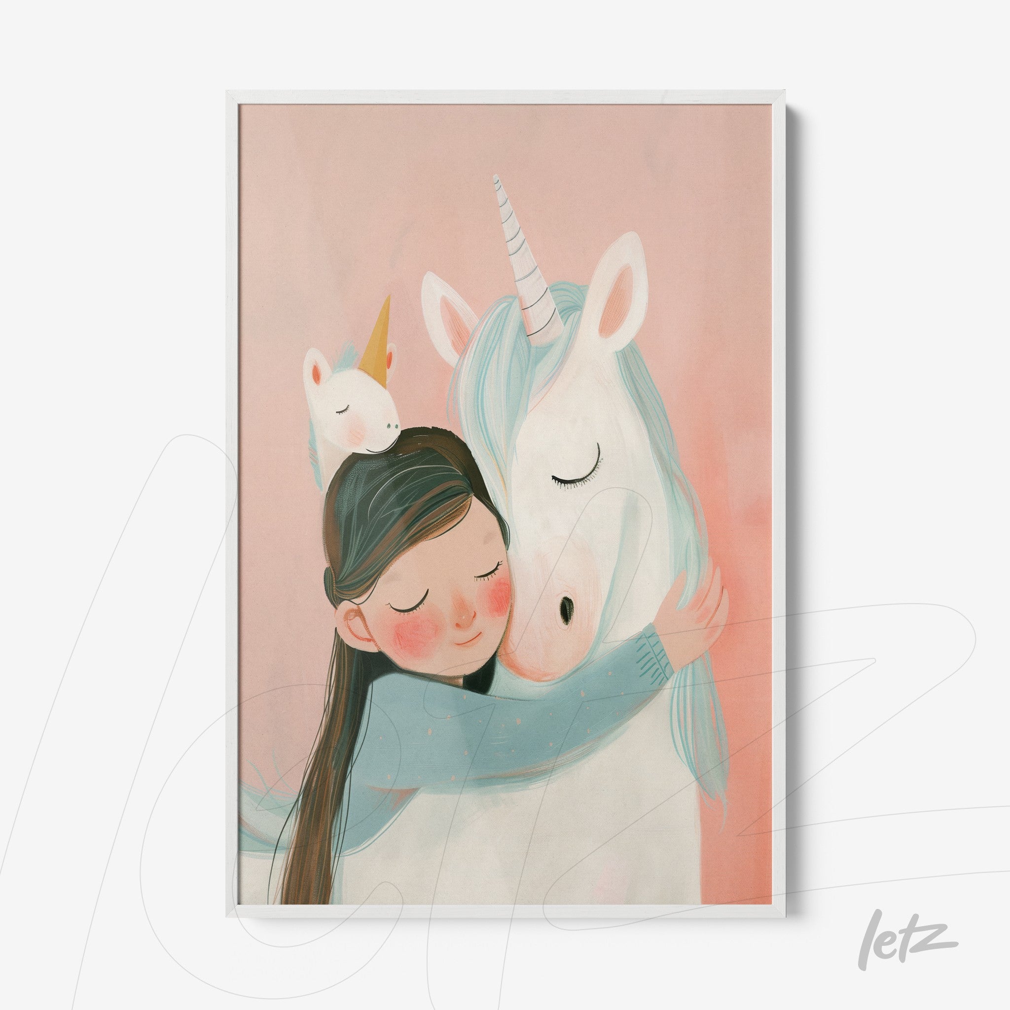 framed wall art featuring a child hugging a unicorn with a soft pink background and white frame