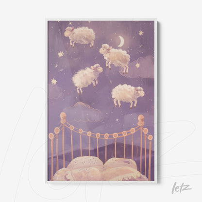 decorative wall art featuring floating sheep over a bed against a starry purple background with a white frame