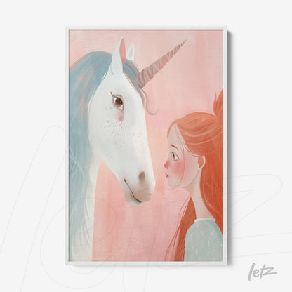 framed artwork featuring a young girl gazing at a unicorn with a soft pink background
