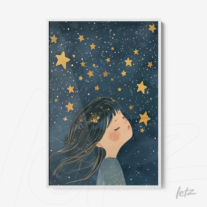 framed art featuring a girl surrounded by golden stars on a dark blue background