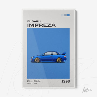 framed art featuring a 1998 Subaru Impreza illustration on a blue background with white frame