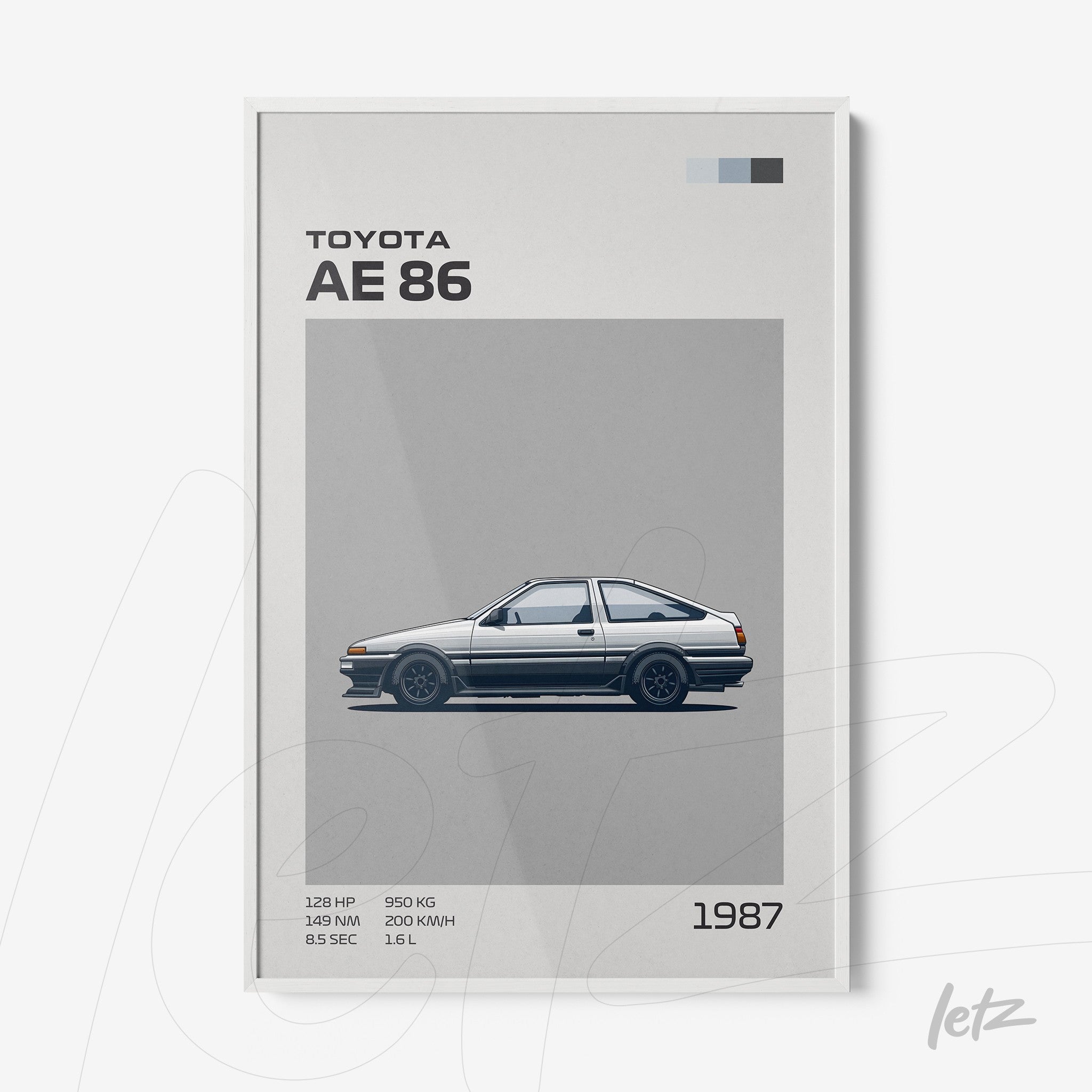 framed art featuring the Toyota AE86 car illustration with technical specifications against a plain gray background