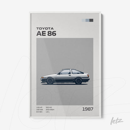 framed art featuring the Toyota AE86 car illustration with technical specifications against a plain gray background