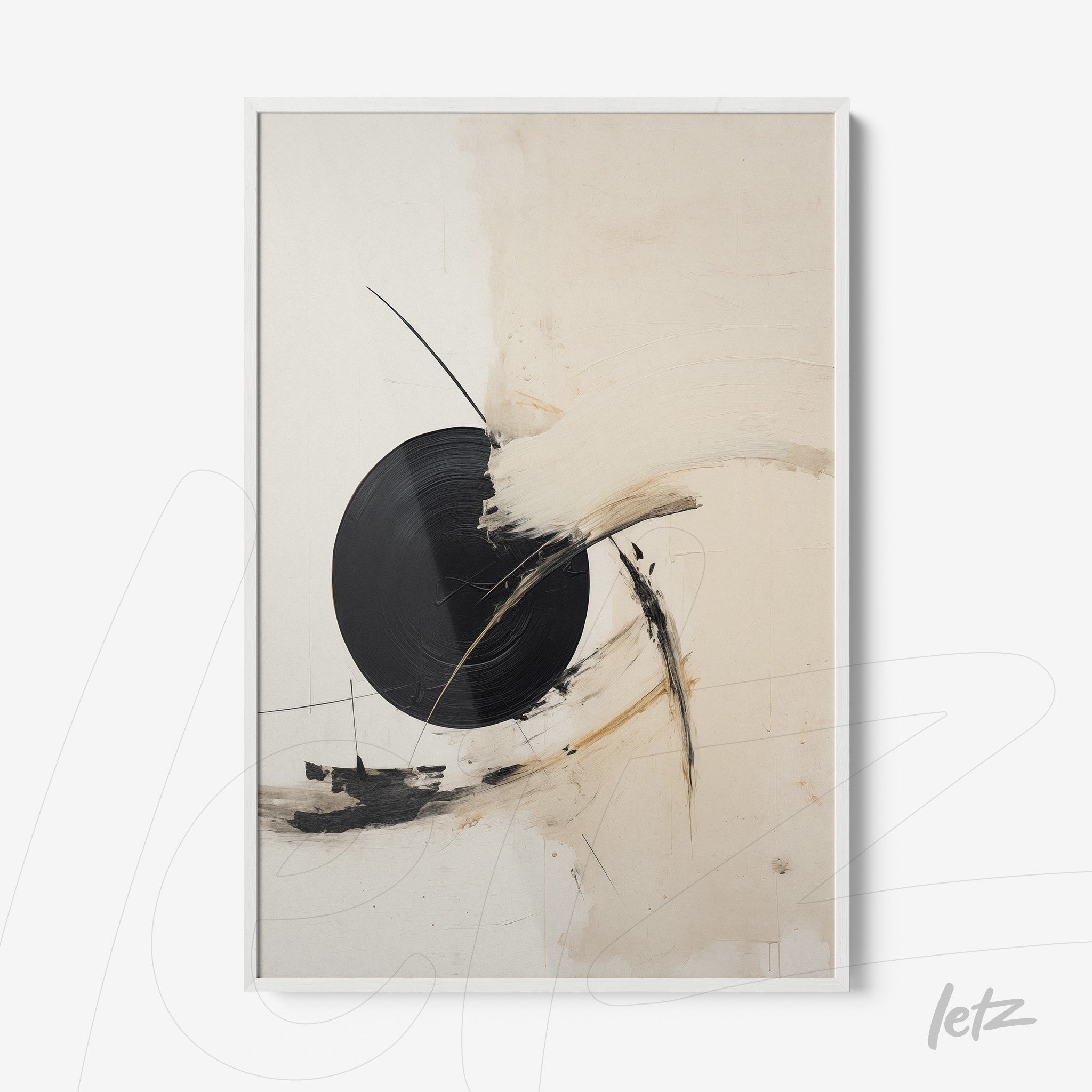 framed abstract art featuring a black vinyl record on a light background