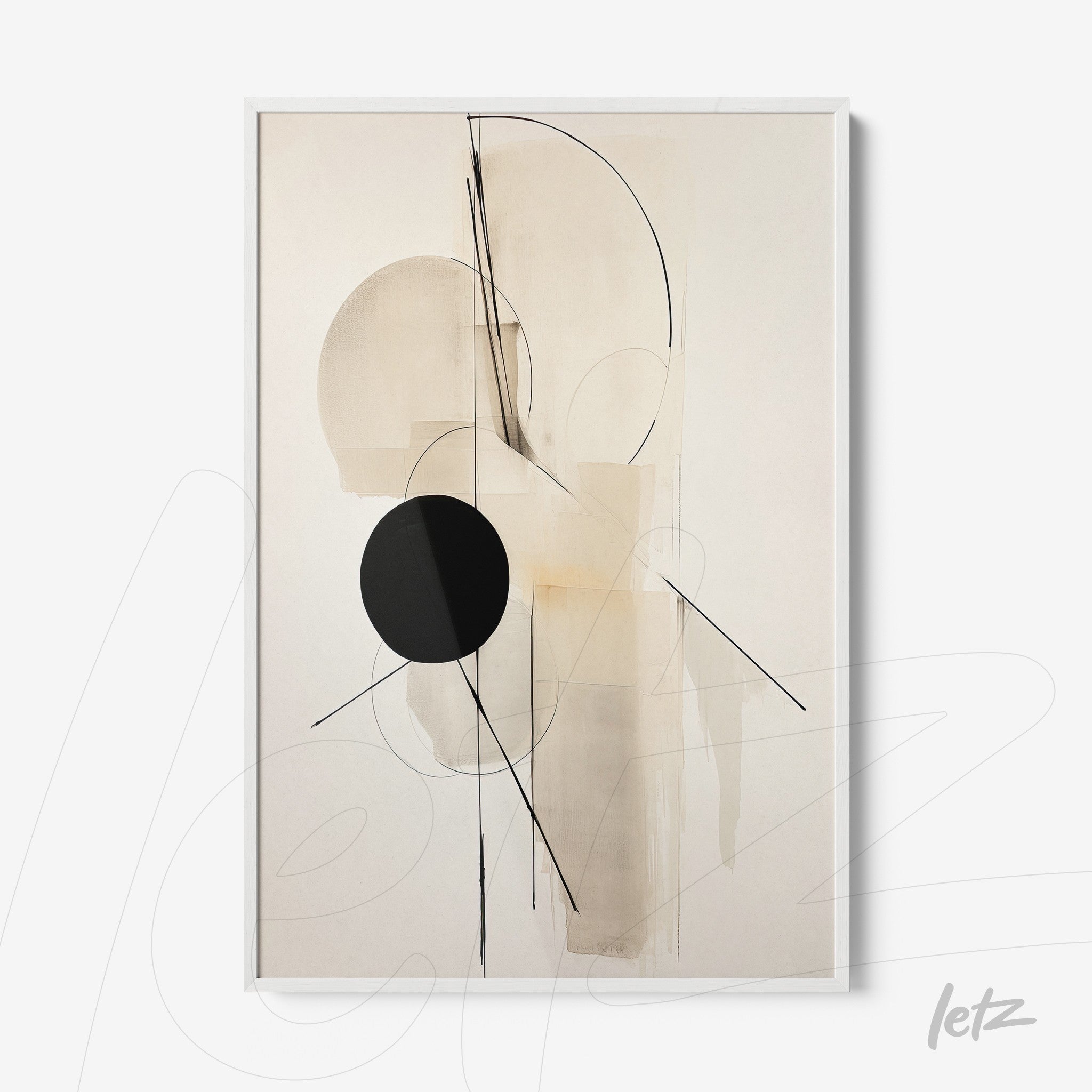 abstract wall art in neutral tones with geometric shapes and white frame
