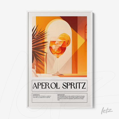 framed wall art depicting an aperol spritz cocktail in a white frame