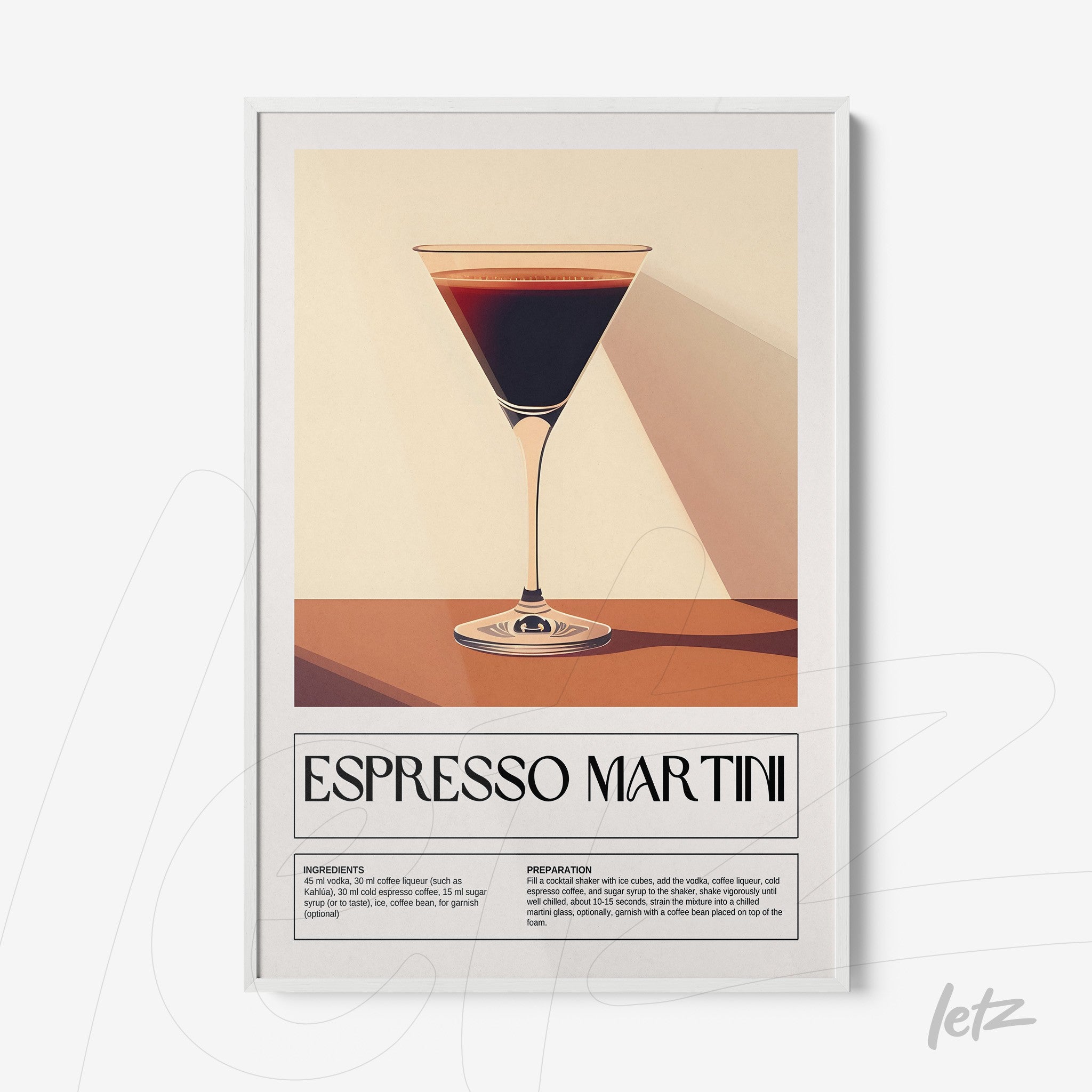 minimalist framed art of espresso martini cocktail with white frame