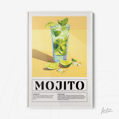 framed wall art featuring a graphic illustration of a mojito cocktail with a white frame, yellow background, and sliced limes beside the glass