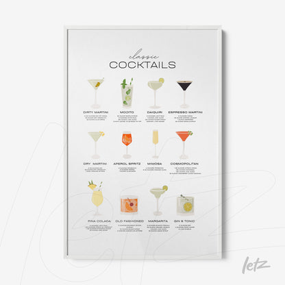 framed wall art featuring illustrations of classic cocktails like margarita and piña colada on a white background