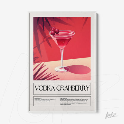 framed wall art featuring vodka cranberry cocktail with vibrant pink background and green leaf details