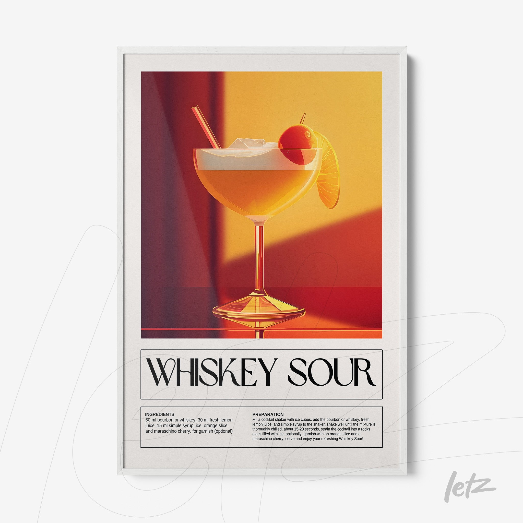 vintage style framed art of whiskey sour cocktail with white frame
