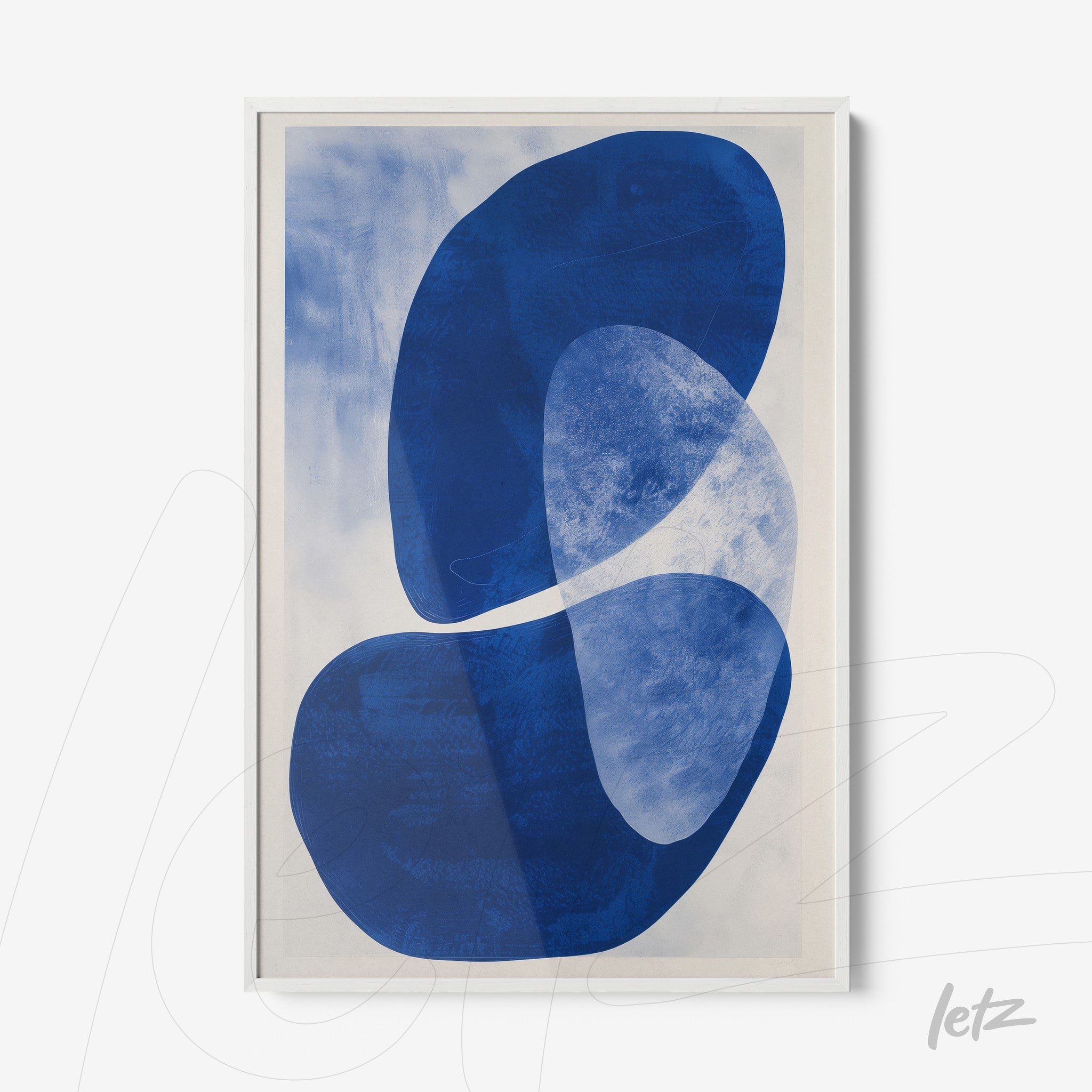 framed wall art featuring abstract design in shades of blue with organic shapes on light background