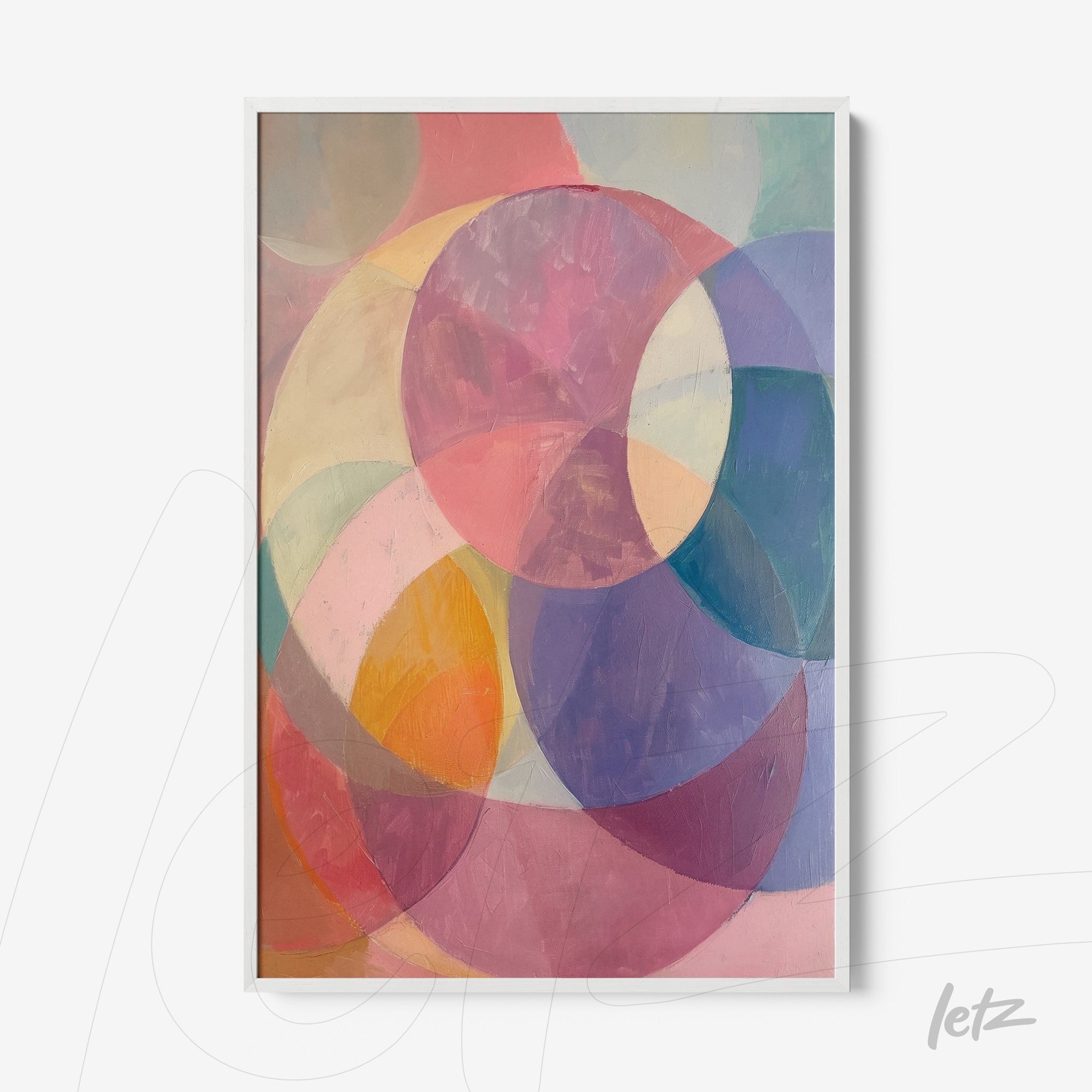 framed artwork featuring abstract overlapping circular shapes in pastel colors