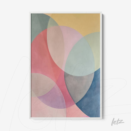 framed abstract art piece featuring overlapping circular shapes in soft tones of pink, blue, and yellow