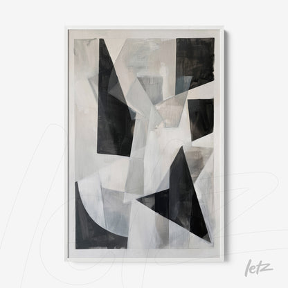 abstract artwork in black, white, and gray featuring geometric shapes in a white frame