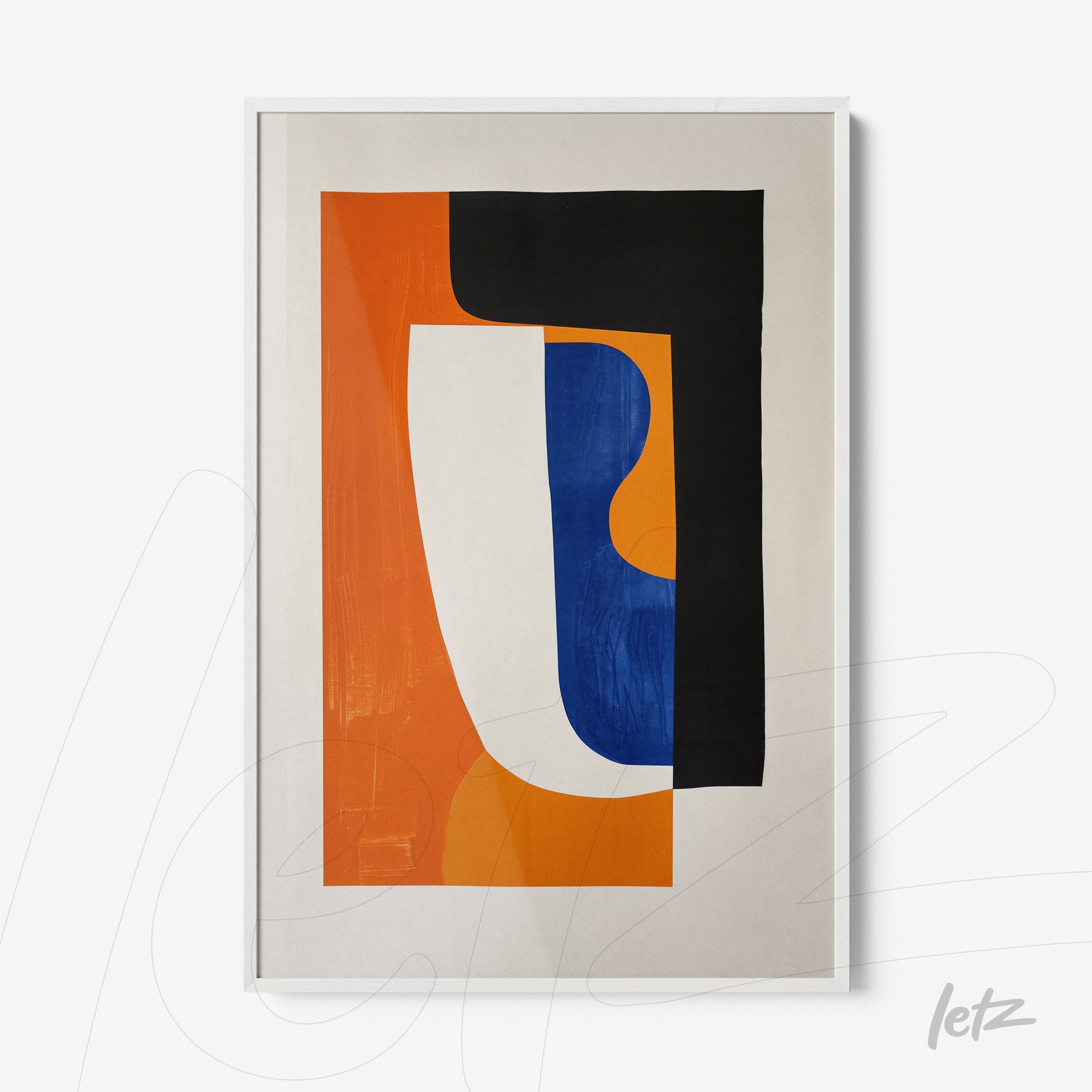 abstract art piece in orange, blue, and black colors with a white frame