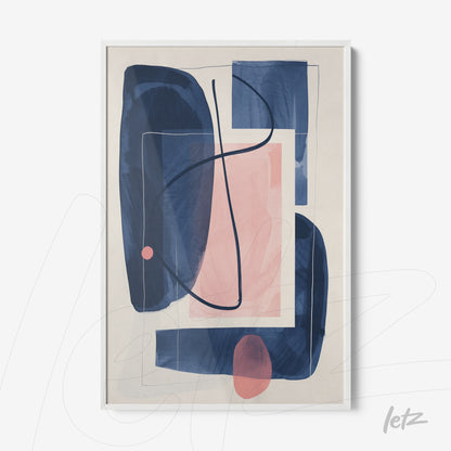 framed artwork featuring abstract shapes in shades of blue and pink