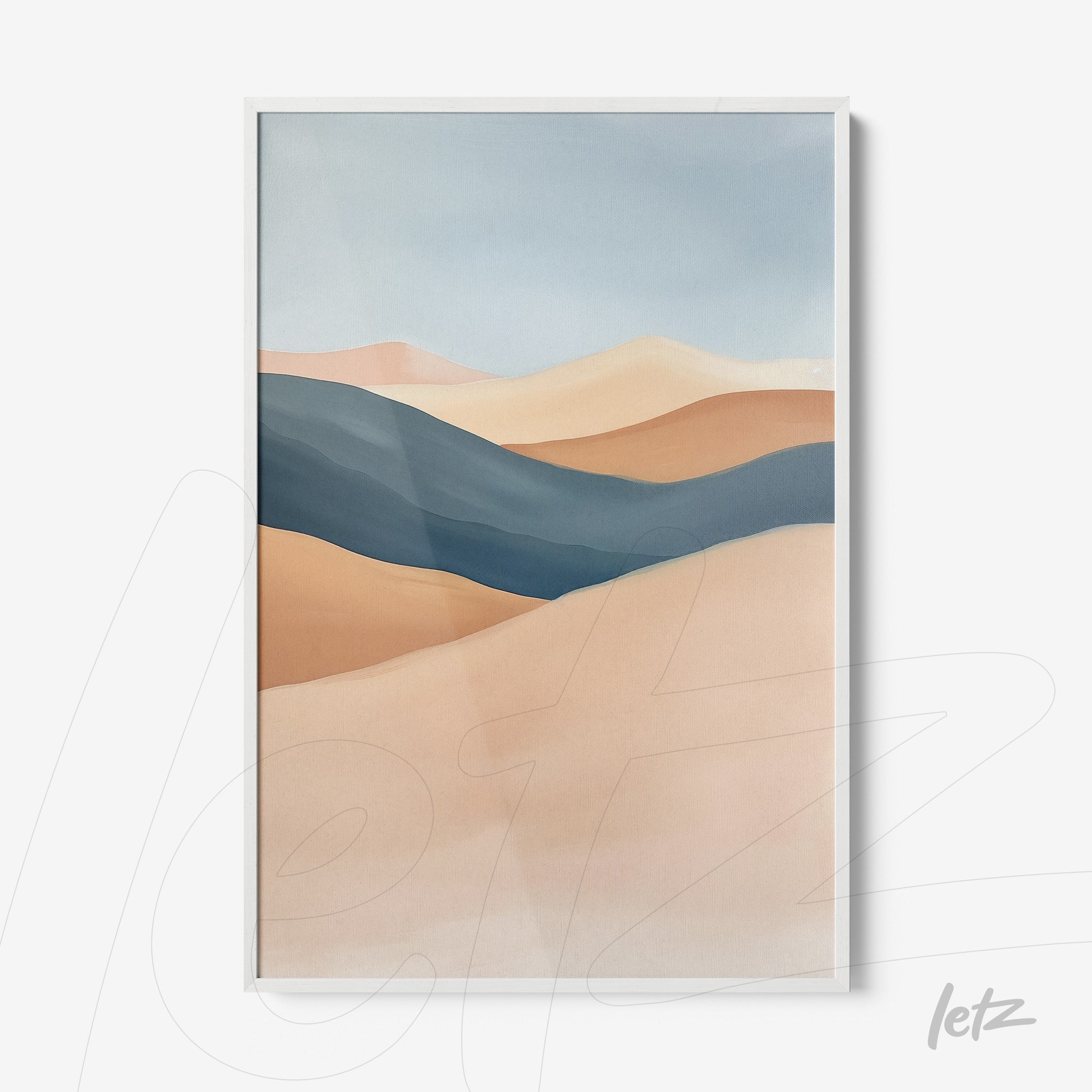 decorative wall art featuring abstract landscape in earthy and blue tones with white frame