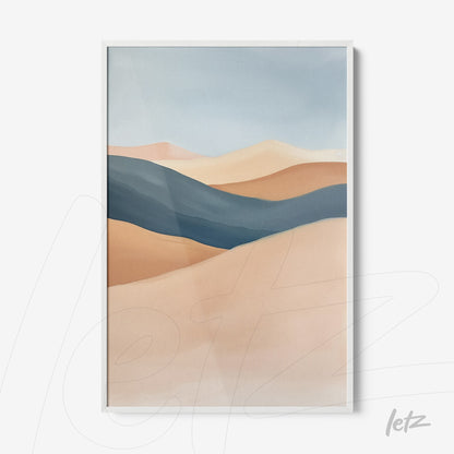 decorative wall art featuring abstract landscape in earthy and blue tones with white frame