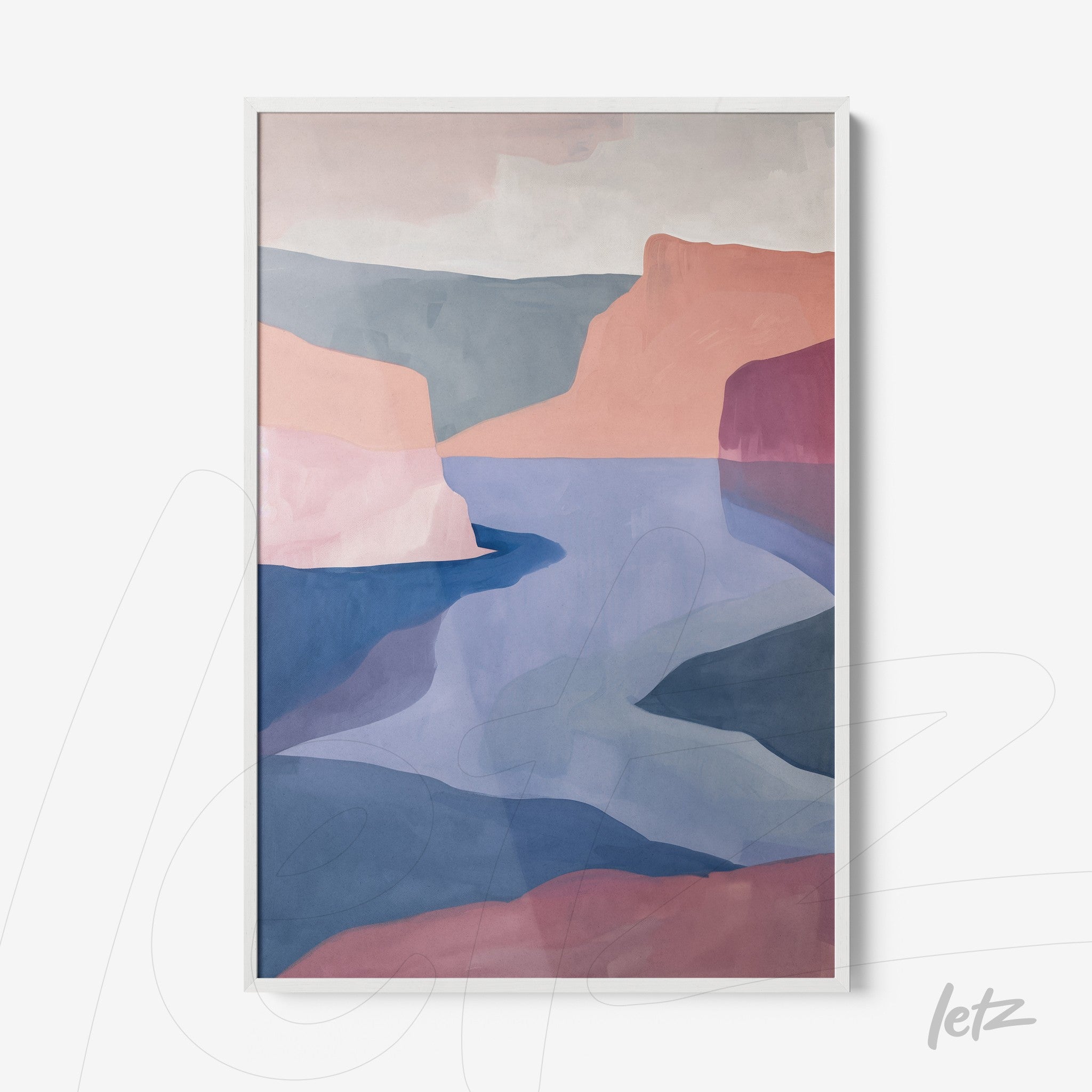 abstract wall art featuring pastel colors of a mountainous landscape with a sleek white frame