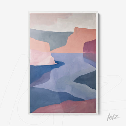 abstract wall art featuring pastel colors of a mountainous landscape with a sleek white frame