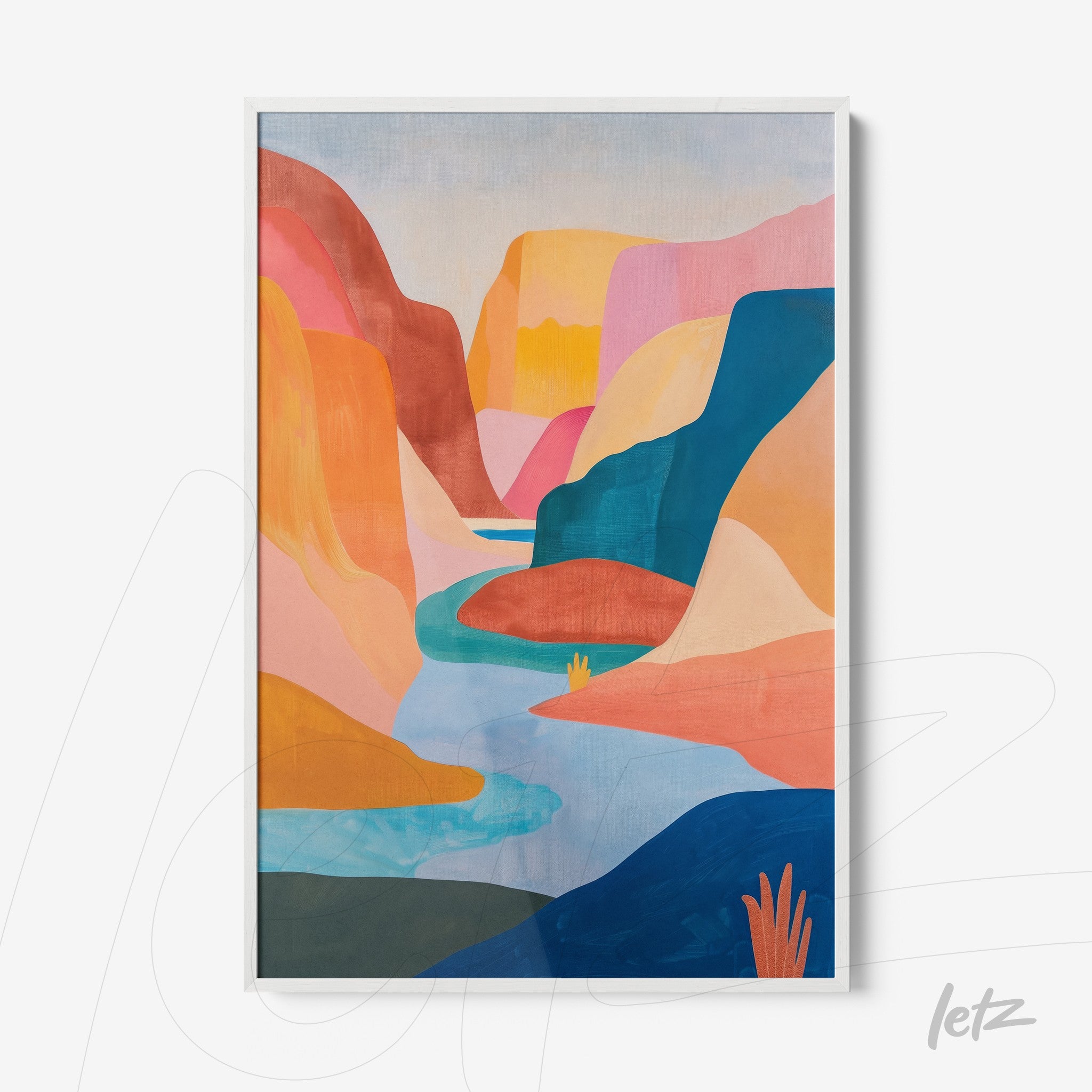 framed abstract art of a colorful canyon landscape featuring water and vegetation details
