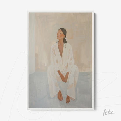 framed minimalist art of a woman sitting in white clothes