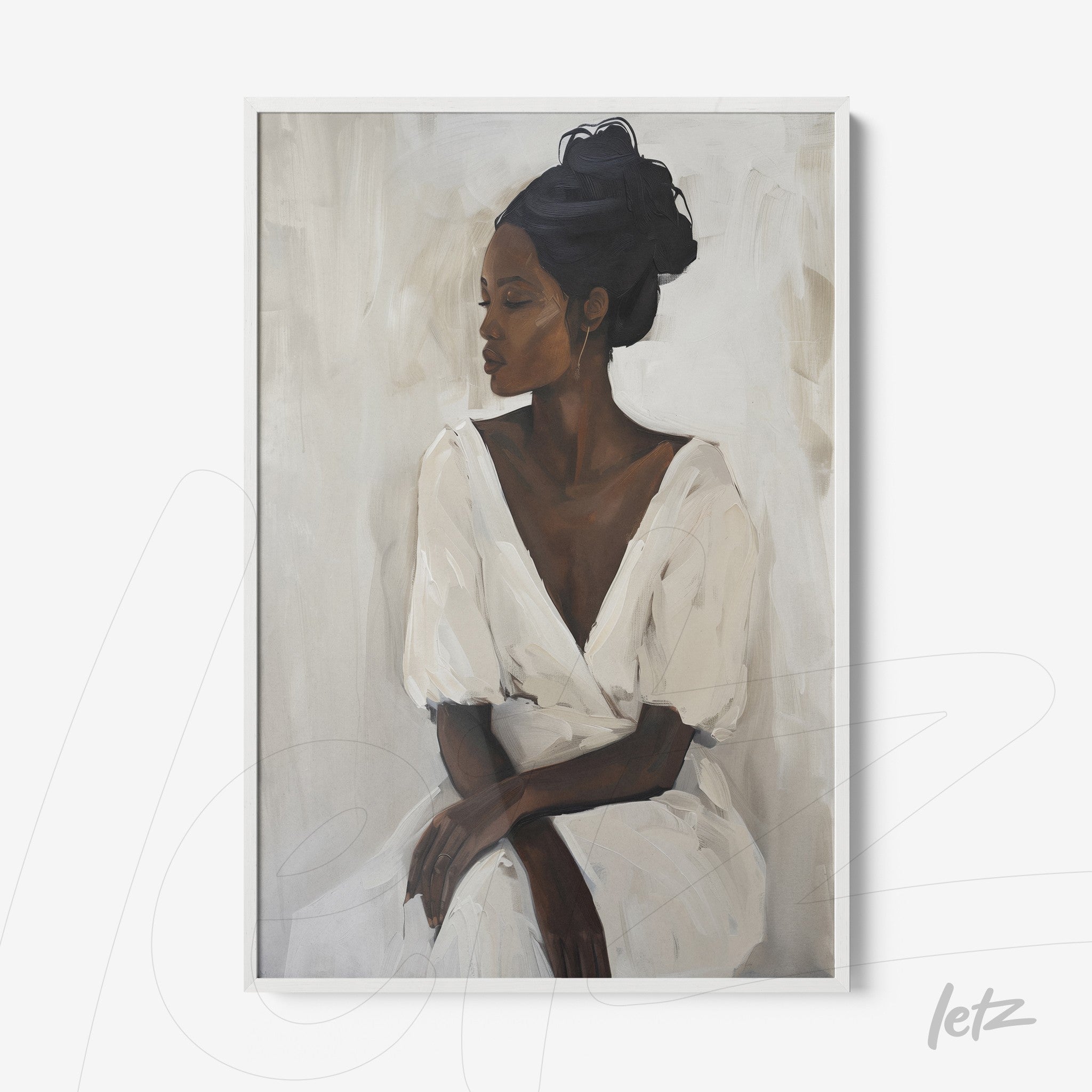 framed art piece of a seated black woman in a white dress with a white frame