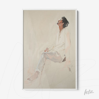 framed watercolor portrait of a seated male figure with white frame and neutral background
