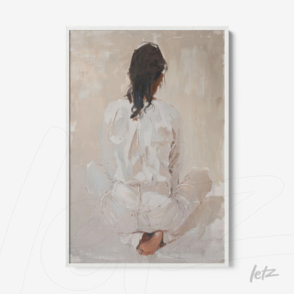 framed minimalist portrait of a seated woman seen from behind with a white frame