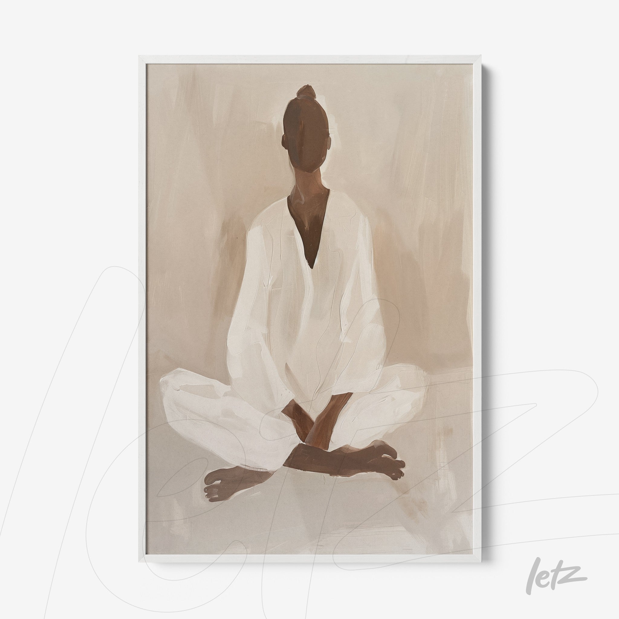 framed abstract art of a female figure sitting in a meditation pose with white frame