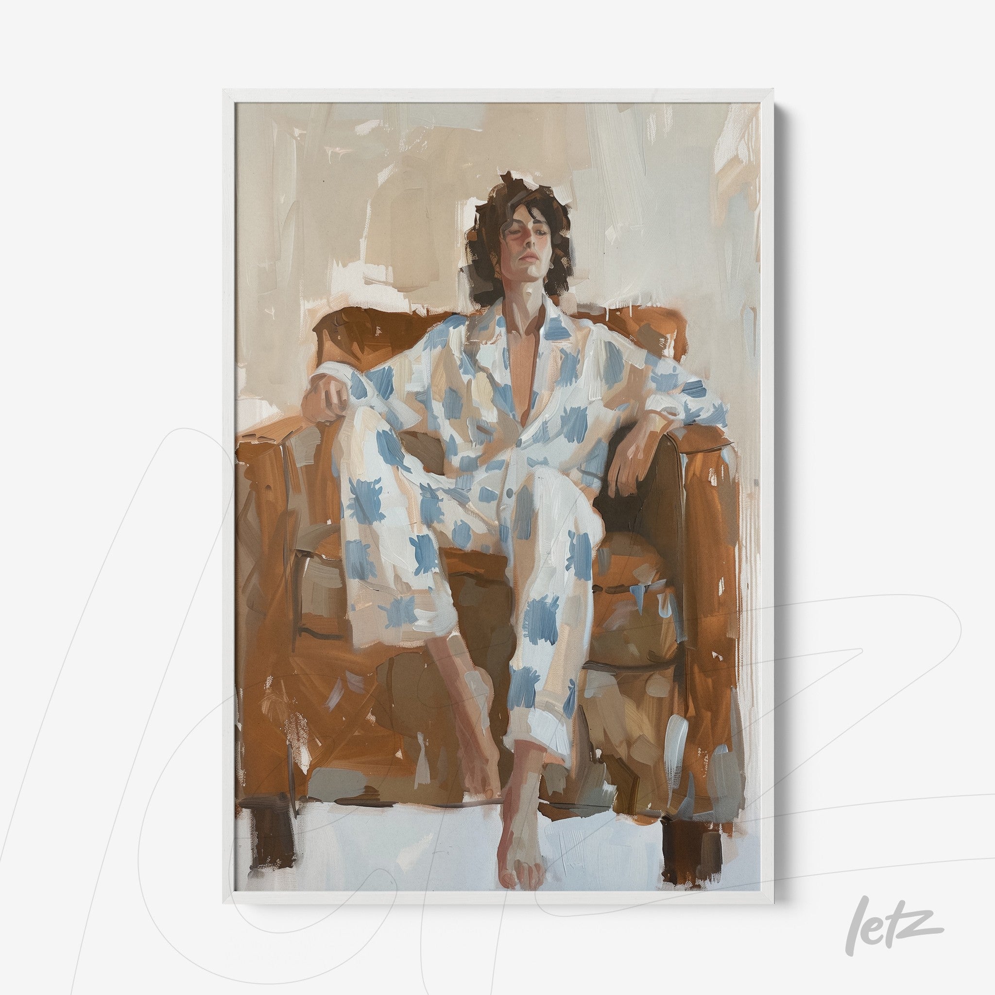 modern art wall decor featuring a person sitting on a brown sofa, wearing blue patterned pajamas