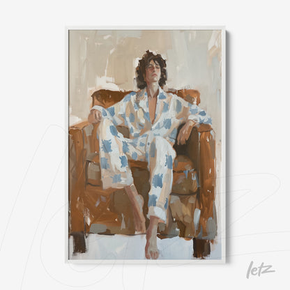 modern art wall decor featuring a person sitting on a brown sofa, wearing blue patterned pajamas