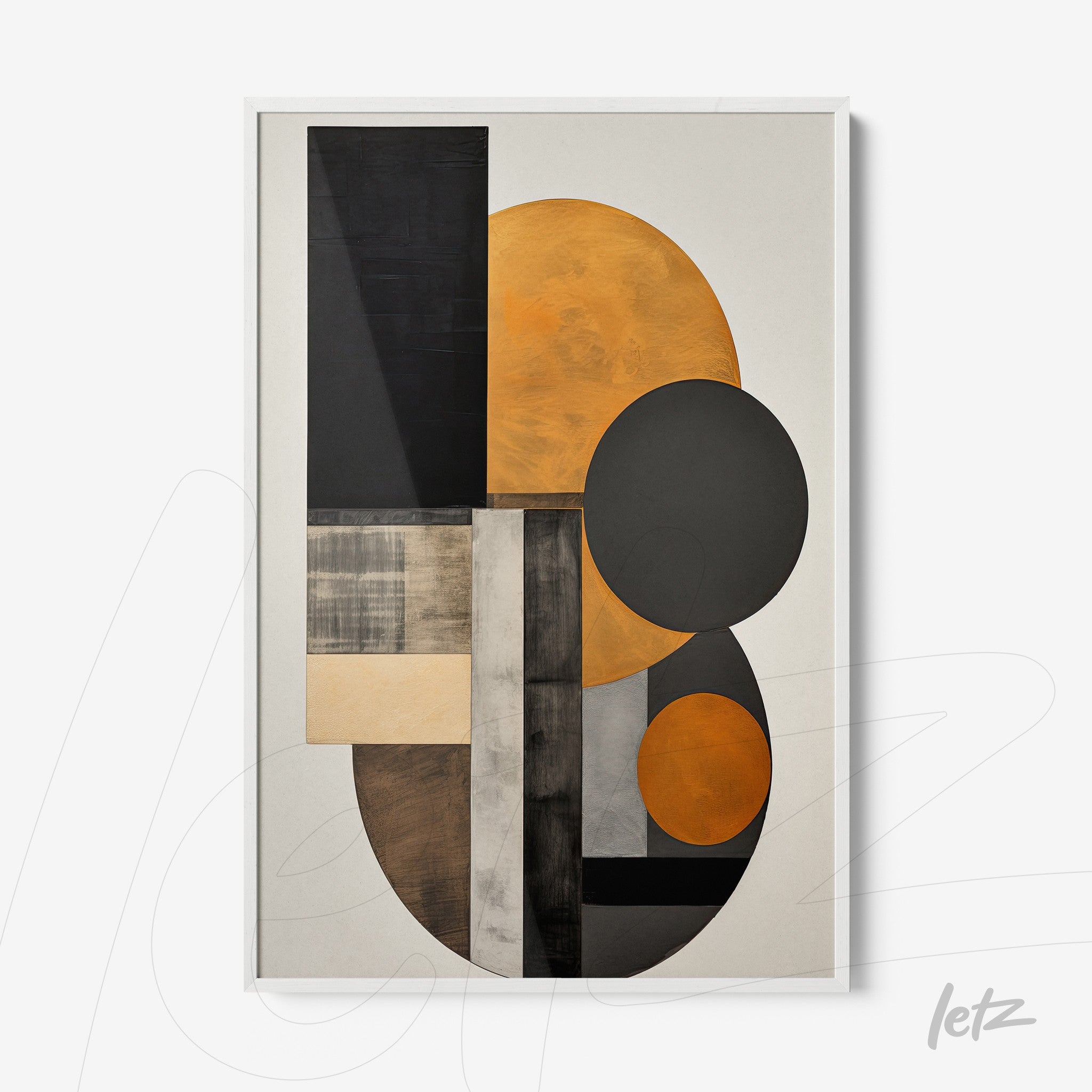 abstract wall art in shades of orange and black with a thin white frame