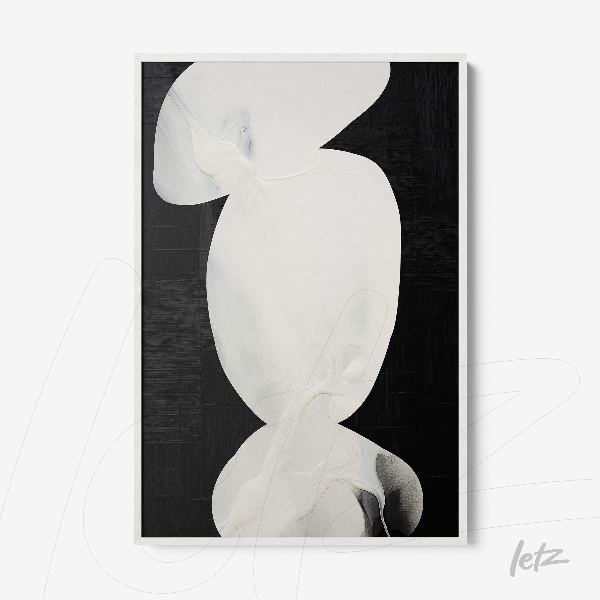 abstract minimalist framed art against black background featuring contrasting organic white shapes