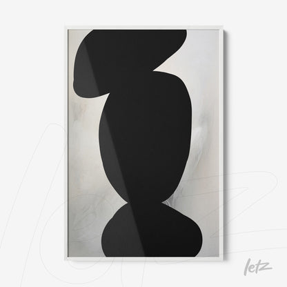 abstract wall art featuring black shapes on a light background with a sleek white frame