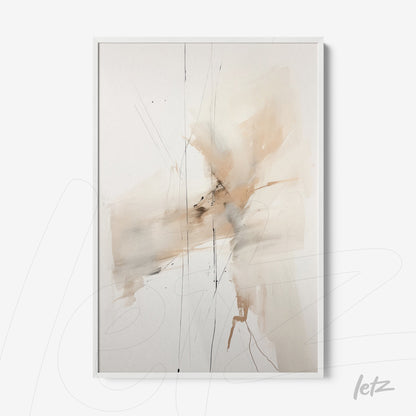 abstract artwork in neutral tones with fine lines on a light background within a white frame