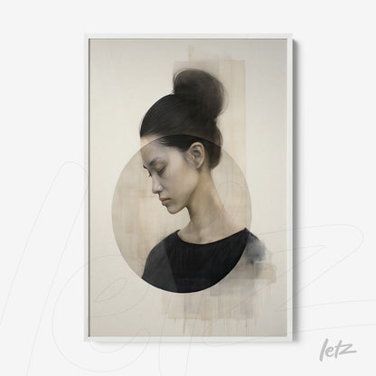 framed wall art featuring a profile portrait of a woman with neutral background and overlapping open circles