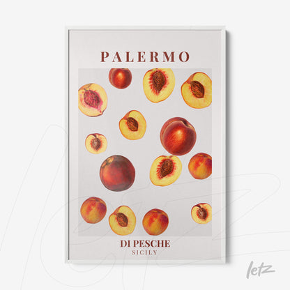 framed artwork of peaches illustrated on a light background with an elegant white frame