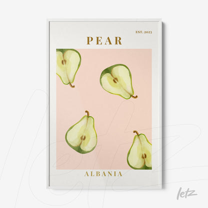 framed wall art featuring pears on a pink background with a white frame