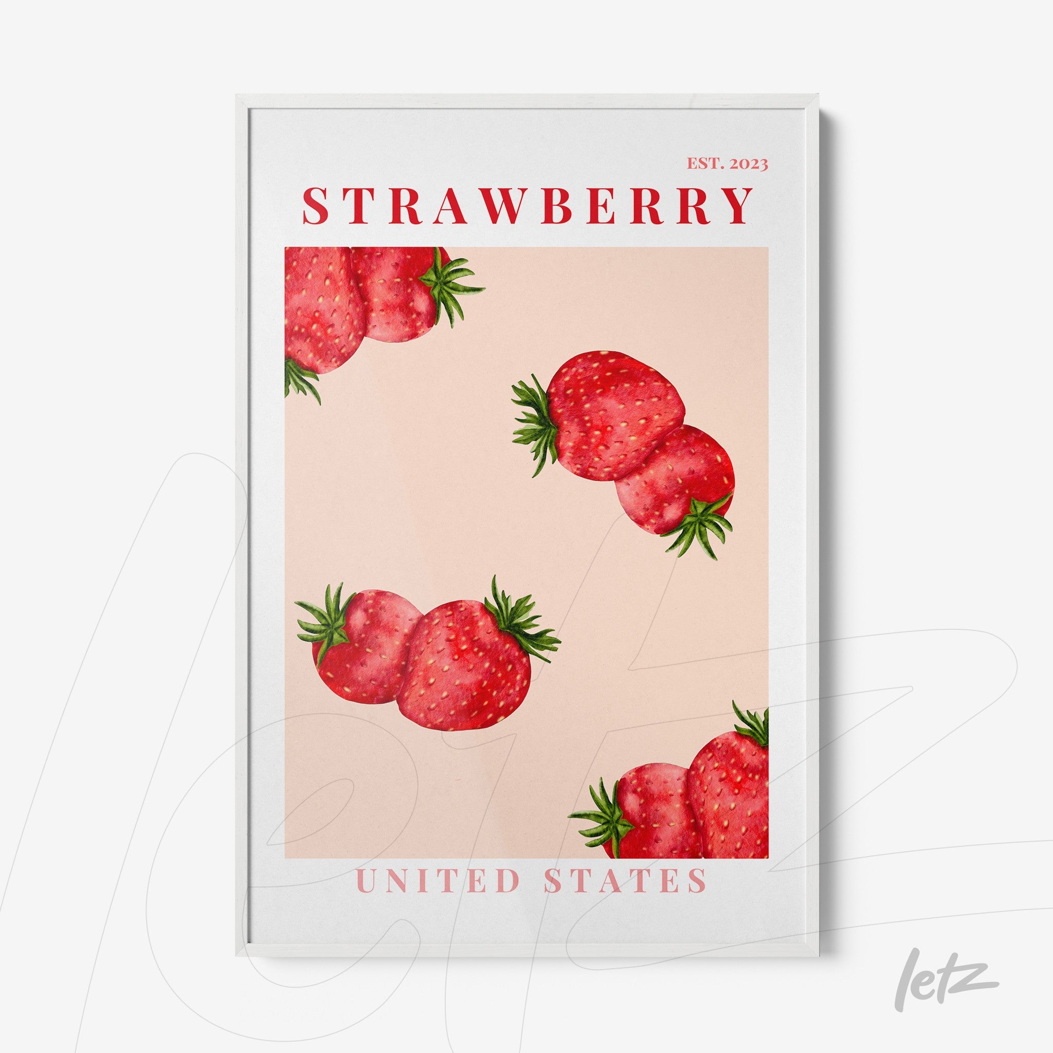 digital art print of strawberries on light pink background with white frame