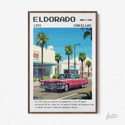 framed retro-style digital art of a red Cadillac Eldorado parked in front of palm trees