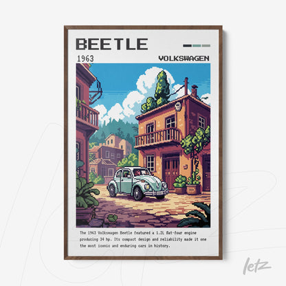 framed pixel art of the 1963 Volkswagen Beetle with dark wood frame
