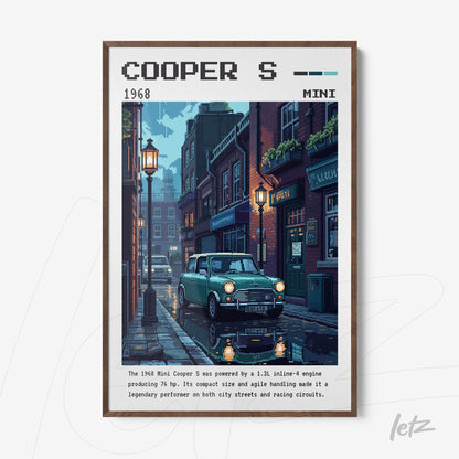 framed digital art of a Mini Cooper S parked on a historic street with lit lanterns and water reflections